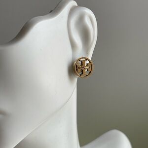 Tory Burch Gold Tone Round Cutout Logo Stud Earrings - Women Jewelry